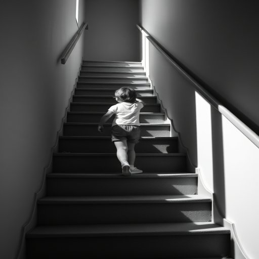 child walking down stairs with shadow play, monochrome, natural light, wide-angle lens, f/5.6 aperture, ISO 100, 1/200 sec, shot from a low angle to emphasize shadows and perspective, high dynamic range.