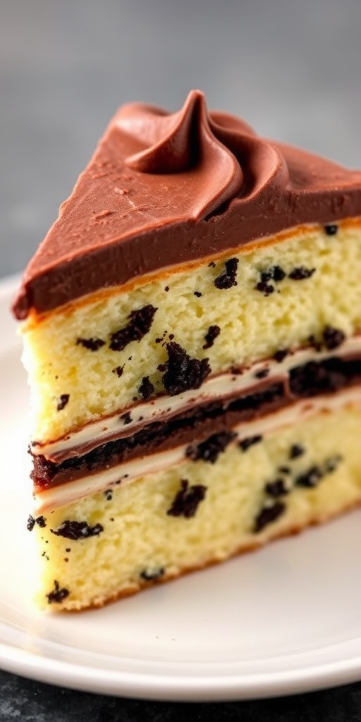A slice of moist vanilla cake layered with dark chocolate cookie crumbs and frosted with a rich chocolate cream, served on a light-colored plate, showcasing the texture and layers of the cake.