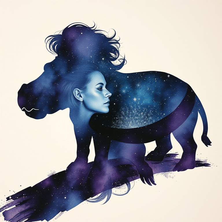 Captivating conceptual render alcohol ink art, double exposure, the paint strokes artfully merge combining a woman's full silhouette with a Lounging hippo's silhouette. The figures are composed of a series of colored dots, lines & spots that evoke the image of a cosmic galaxy, colors are deep shades of blue purple & black with flashes of white & silver representing distant stars. The woman's silhouette is formed within the lion's silhouette from constellations of scattered stars, surreal
