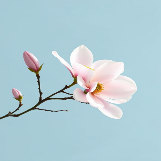 Create a high-resolution digital illustration of a magnolia branch with soft pink flowers against a pastel blue background, using a Canon EOS R5, 50mm lens, f/2.8 aperture, 1/200 sec shutter speed, and natural light to enhance details and colors.