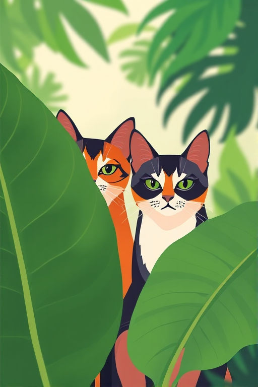 Create a vibrant illustration of two stylized cats partially obscured by large green tropical leaves in a flat design style, using a soft focus effect, shot with a Canon EOS R5, 50mm lens, f/2.8 aperture, ISO 100, and a subtle bokeh background for depth.