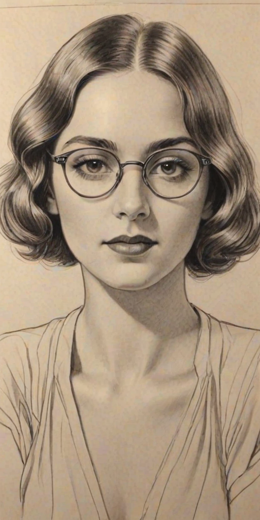 Dazzling Kendall Vertes, pencil sketch, portrait of Enticing woman 1927s in glasses, hair style beatnik, outline, clear lines, fine lines, 8k