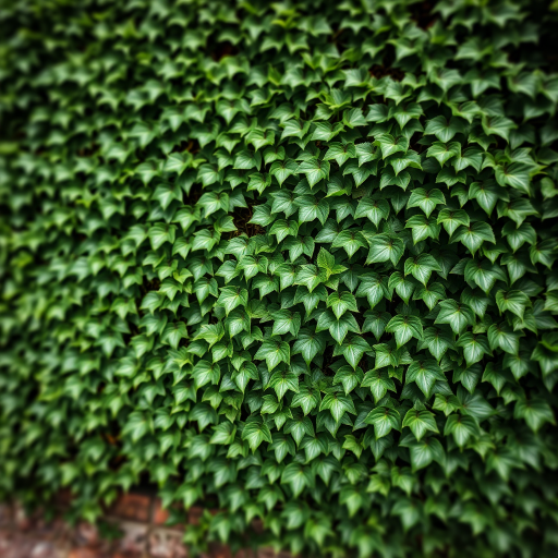 Create a high-resolution image of a dense green ivy wall, captured with a DSLR camera at f/4, ISO 100, 50mm lens, in natural daylight, with a slight tilt-shift effect to enhance depth and focus.