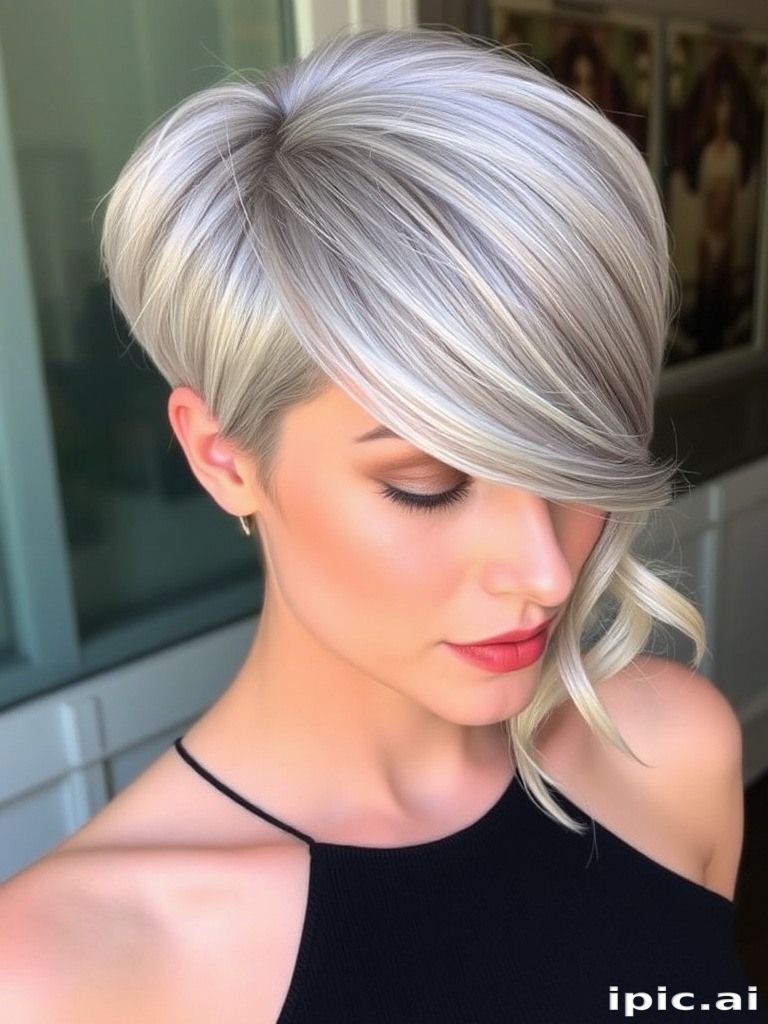 Sophisticated silvery-gray pixie with long side-swept bangs and subtle platinum highlights, styled in sleek finger waves for a timeless vintage appeal