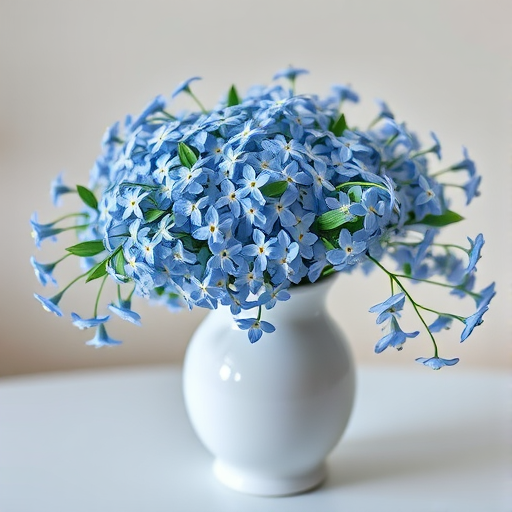 Wide-angle shot of a white ceramic vase overflowing with delicate blue forget-me-not flowers, soft natural lighting, aperture f/2.8, ISO 100, 35mm lens, captured with a DSLR camera.