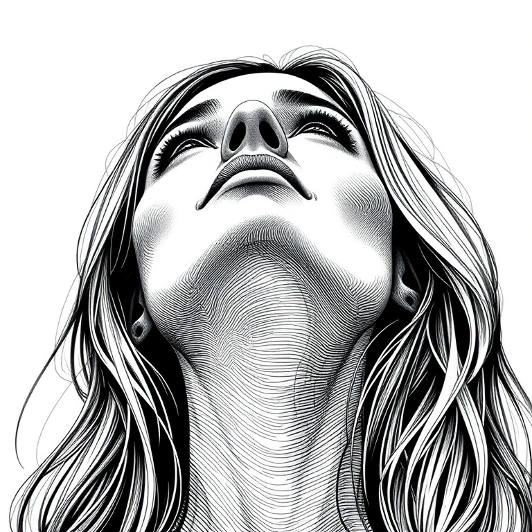 Create a highly detailed portrait illustration of a woman looking upwards, using fine line work and cross-hatching techniques, with a soft focus background; camera settings: aperture f/2.8, ISO 100, shutter speed 1/125s; camera view: close-up; camera style: artistic; camera type: DSLR.