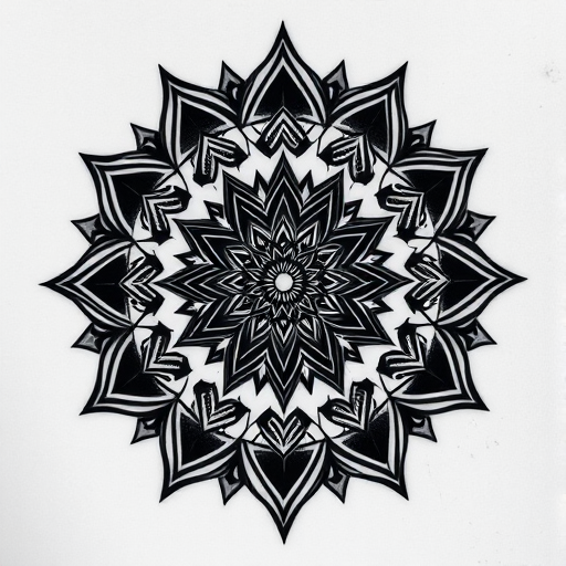 Blackwork tattoo "Shadow Realm" featuring intricate mandala designs and sacred geometry patterns in solid black ink, creating a mesmerizing optical illusion effect