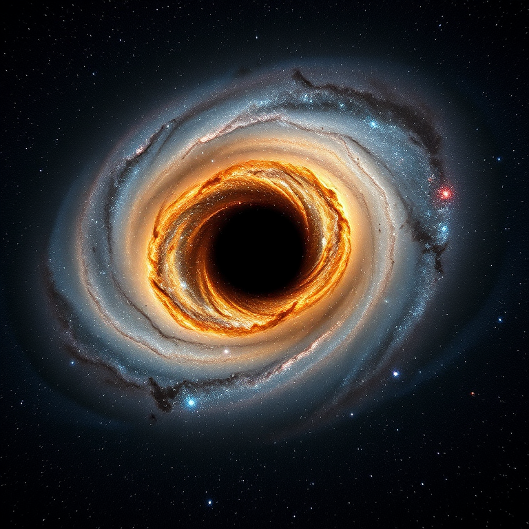 Create a high-resolution image of a swirling galaxy with a prominent black hole at the center, using a Canon EOS R5 camera, 24mm lens, f/2.8 aperture, 30-second exposure, ISO 6400, with a wide field view to capture surrounding stars and cosmic dust, ensuring vibrant colors and sharp details in a cosmic setting.
