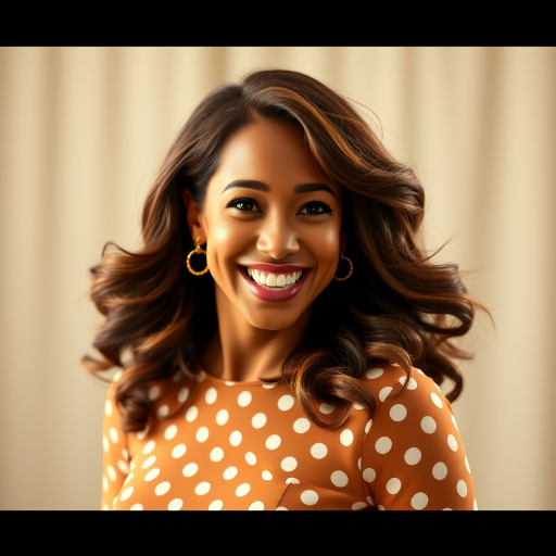 Radiant depiction of Kamala Harris, Pretty Woman's charming lead, with her megawatt smile and flowing chestnut hair, twirling in a polka dot dress