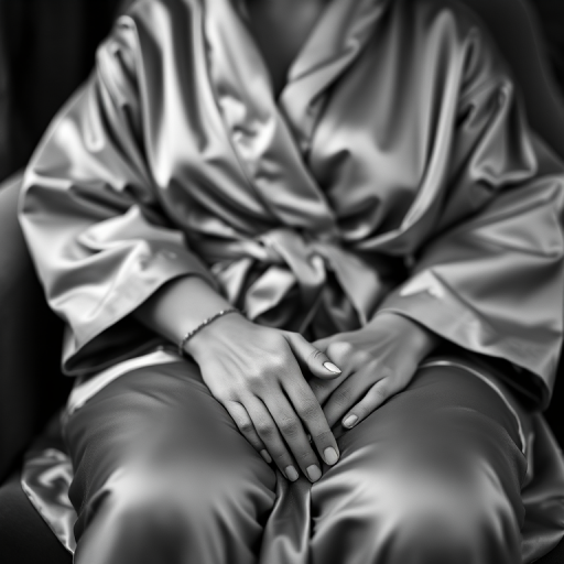Capture a black and white image of a person in a satin robe seated, focusing on their hands resting on their lap, using a shallow depth of field with a 50mm lens at f/1.8, ISO 100, shutter speed 1/125s, from a slightly elevated angle to create an intimate atmosphere and highlight the texture of the fabric.