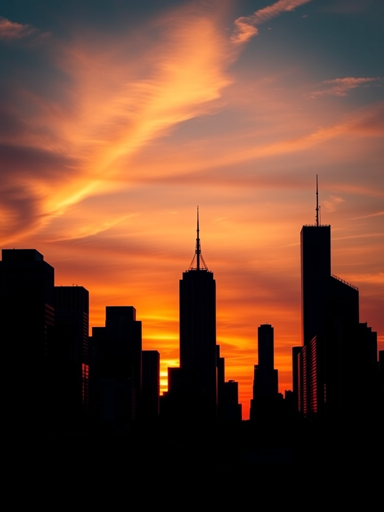 Generate a high-resolution image of a silhouette of a city skyline during sunset, using a DSLR camera with a 50mm lens, aperture set to f/2.8, ISO 100, and a shutter speed of 1/200s, captured from a low angle to emphasize the skyline against a colorful sky.