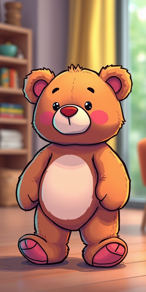 Create a colorful illustration of a cute cartoon teddy bear standing upright, enhancing details with a soft focus lens, aperture f/2.8, ISO 100, shot in a well-lit indoor setting using a digital SLR camera.