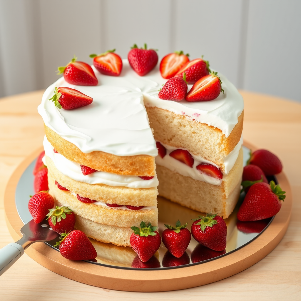 Create an image of a classic strawberry shortcake. The cake should be round and consist of two layers of light, fluffy vanilla sponge. Between the layers, there's a generous spread of whipped cream and whole strawberries. The top of the cake is covered with a smooth layer of whipped cream and decorated with whole strawberries arranged evenly around the edge. One slice is cut out and placed on a cake lifter, showcasing the layers and filling. The cake is set on a round, reflective cake board on a light wooden table, with a soft-focus background.
