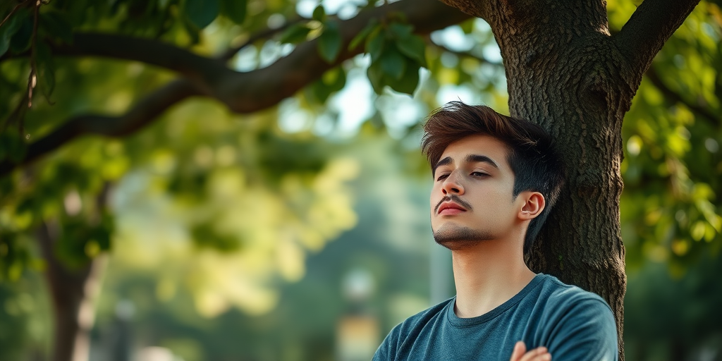 Portrait of a young man meditating under a tree, soft natural lighting, shallow depth of field, 85mm lens, f/1.8 aperture, ISO 100, 1/200 sec shutter speed, captured with a full-frame DSLR.