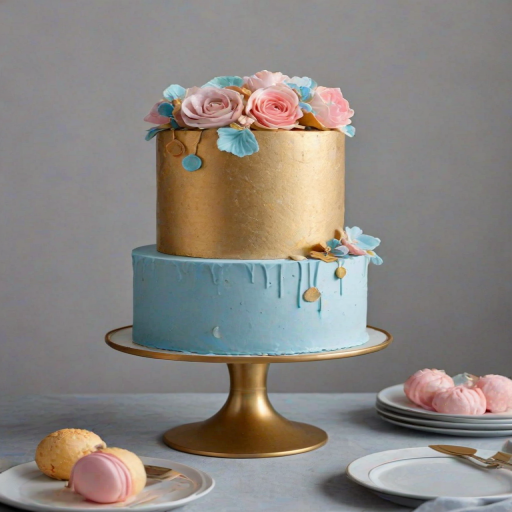 Create an elegant cylindrical cake with a smooth pastel blue frosting. The cake should be adorned with delicate, colorful edible decorations in shades of gold, pink, and black, arranged in a scattered pattern across the surface. Place the cake on a simple white pedestal stand with a subtle gray backdrop to enhance its aesthetic appeal.