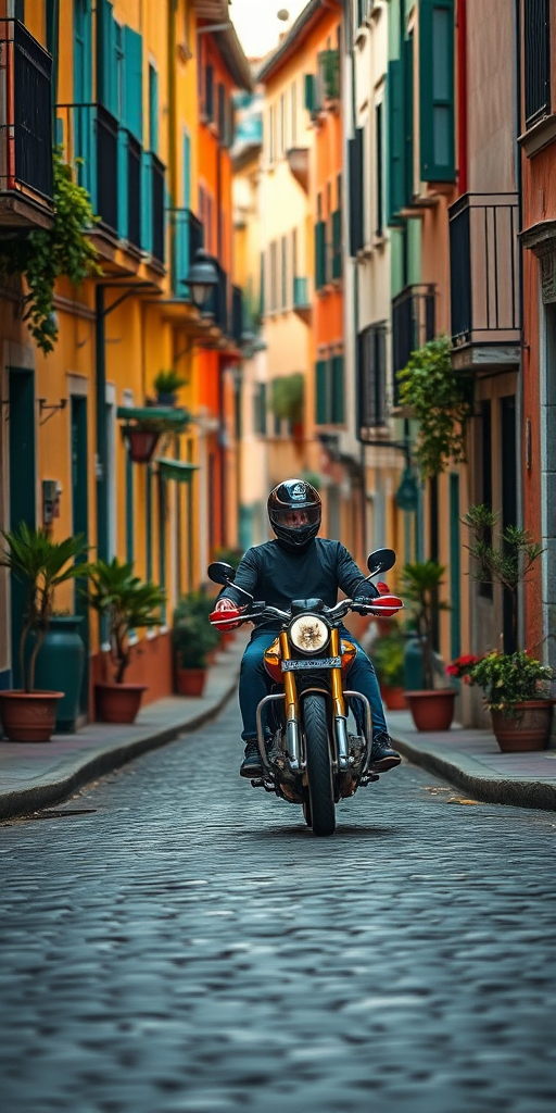 regenerate an image of a person riding a motorcycle down a cobblestone street in a colorful neighborhood during the day, using a DSLR camera with a 50mm lens, aperture set to f/2.8, ISO 200, and a shallow depth of field for a vibrant, detailed background and sharp subject focus