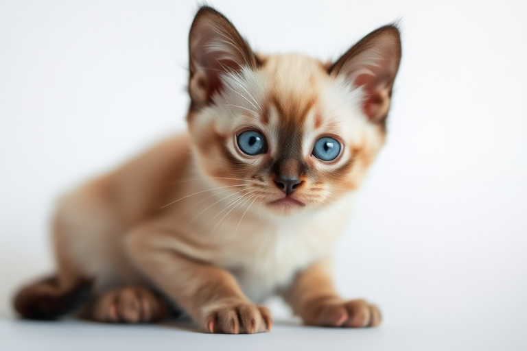 a cute Siamese kitten sitting with big blue eyes, soft fur texture, studio lighting, shallow depth of field, camera type: DSLR, camera settings: f/2.8, ISO 100, shutter speed 1/200s, camera view: eye level, camera style: realistic photography