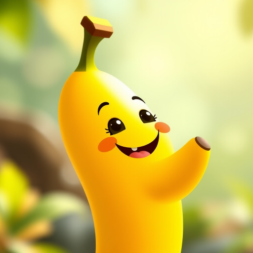 create a cute cartoon banana with a smiling face, vibrant colors, high resolution 4K, close-up shot, soft natural lighting, shallow depth of field, digital illustration style