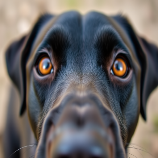 Close-up shot of a black dog with expressive orange eyes, shallow depth of field, f/2.8 aperture, 50mm lens, ISO 200, natural light, DSLR camera, focus on the dog's nose and eyes.