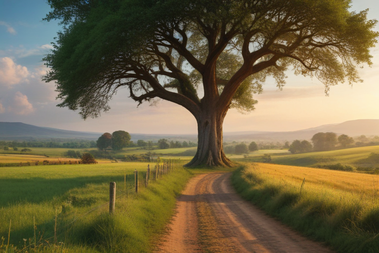 A Serene Country Road Leading to a Majestic Tree Under a Beautiful Sky