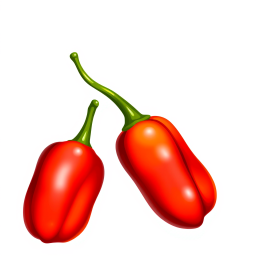 Illustration of two ripe red chili peppers with vibrant colors and smooth shading, shot with a Canon EOS R5, 50mm lens, f/2.8 aperture, 1/200s shutter speed, and natural lighting for enhanced detail and richness.