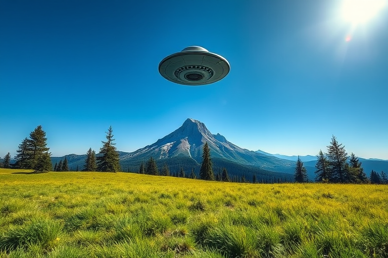 Generate an image of a UFO hovering above a mountain landscape, featuring lush green grass and pine trees in the foreground, under a bright blue sky, captured with a Nikon D850 camera, 24mm lens, f/8 aperture, ISO 100, and a shutter speed of 1/200 seconds for sharp details and vibrant colors.