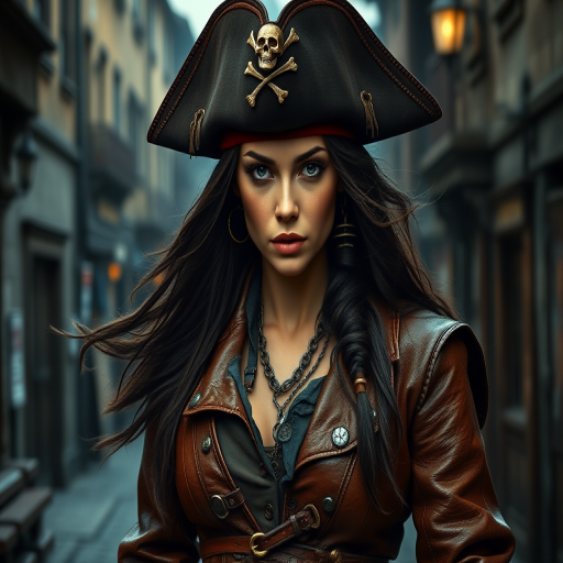 Create a portrait of a fierce female pirate. She wears a leather tricorn hat adorned with a skull and crossbones emblem, and her long, dark hair flows around her face. Her outfit consists of a richly detailed leather jacket, a corset, and multiple layers of belts and accessories, giving her a formidable and stylish appearance. She stands confidently in a dimly lit, historic port town, with a backdrop of weathered buildings and cobblestone streets, capturing the adventurous spirit of a pirate.