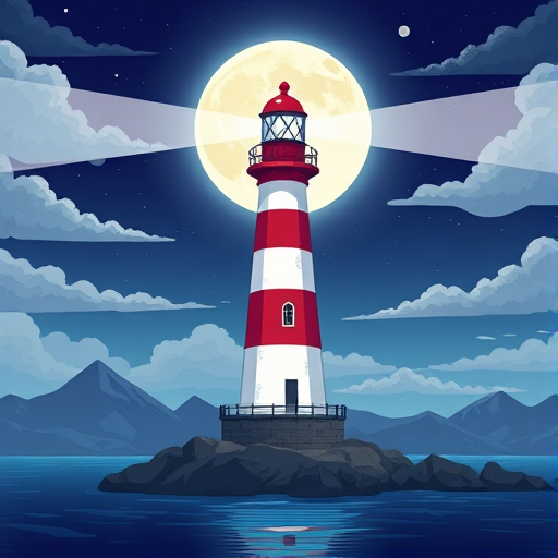 Create an illustration of a lighthouse with a red and white striped tower set against a night sky with clouds and a large moon, surrounded by stylized mountains and water reflections, using a digital art style, ensure high resolution 4K, camera view at eye level, f-stop at f/8 for depth of field, ISO 100 for clarity, use a digital camera type akin to a DSLR.