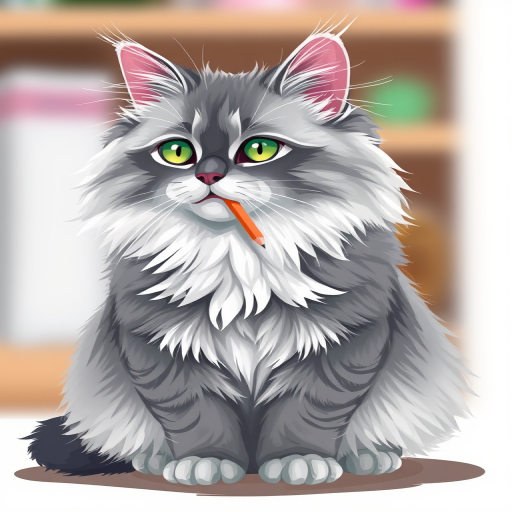 Create an illustration of a fluffy grey and white cat sitting upright with a pencil in its mouth, using a soft focus lens, at f/2.8 aperture, ISO 100, with a portrait view and a digital art style to enhance colors and details.