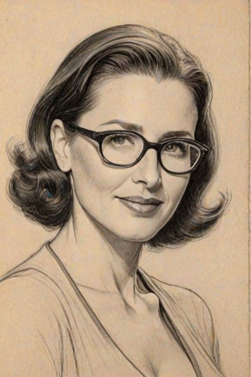 Attractive Mimi Rogers, pencil sketch, portrait of Enticing woman 1934s in glasses, hair style beatnik, outline, clear lines, fine lines, 8k