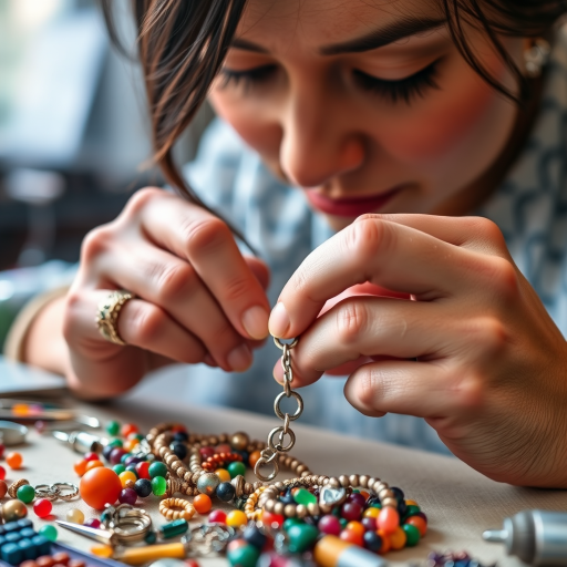 Close-up of a woman’s hands crafting jewelry, surrounded by colorful beads and tools, soft light highlighting her focused expression and the intricate details of her work.