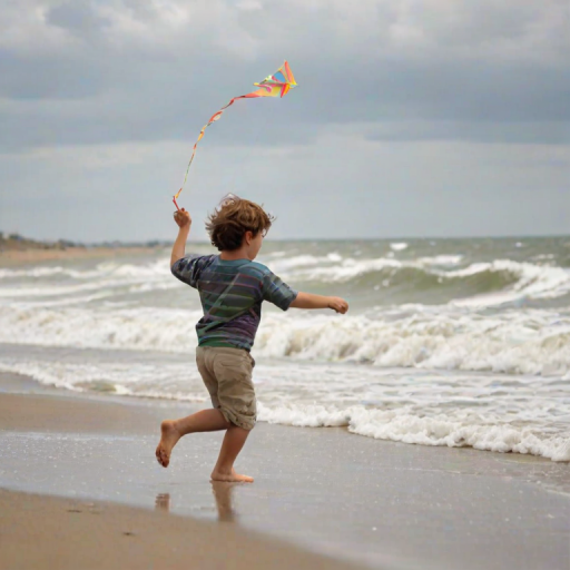 Blurry action shot of a child flying a kite on a windy beach, soft focus on the kite as it soars through the sky, with distant waves crashing against the shore.