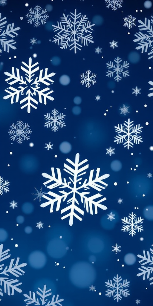 Generate a high-resolution image of a seamless winter background featuring various white snowflakes of different sizes against a deep blue backdrop, captured with a Canon EOS 5D Mark IV camera, using a 50mm lens at f/2.8, ISO 100, with an aperture priority mode for enhanced depth of field and clarity.