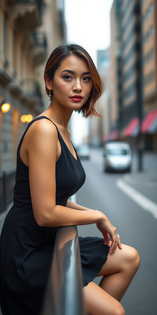 portrait of a woman in a black dress sitting on a railing in an urban setting, natural soft lighting, shallow depth of field, camera type DSLR, aperture f/2.8, shutter speed 1/200s, ISO 100, 50mm lens, focused on subject with blurred background