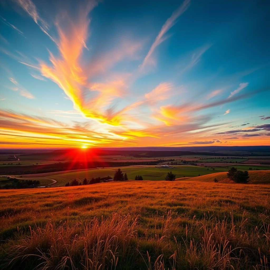 Capture an image of a serene landscape at sunset with vibrant colors, using a DSLR camera with a 50mm lens, aperture set to f/2.8, ISO 100, shutter speed 1/200s, in landscape orientation for enhanced depth and clarity.