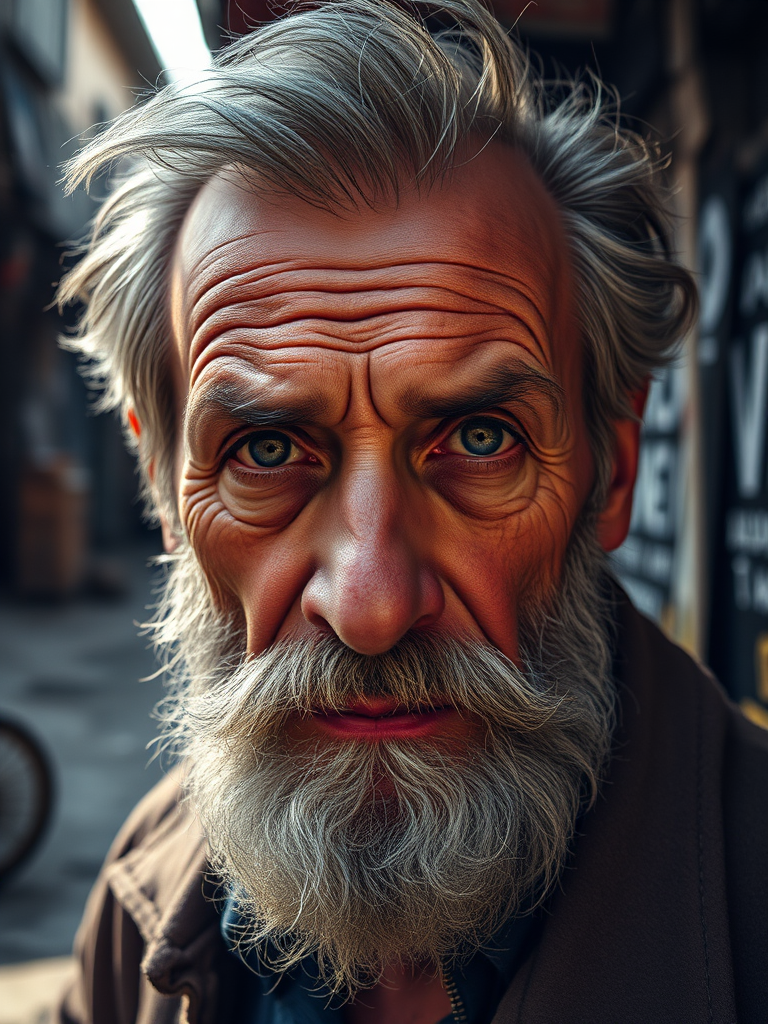 Portrait of a weathered elderly man with a rugged beard and intense eyes, captured in soft natural light, using a DSLR camera with a 50mm lens, aperture set to f/1.8 for shallow depth of field, and a slightly elevated angle to emphasize texture and emotion, in a gritty urban environment with a moody atmosphere.
