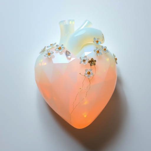 a human heart made of facet cut opal crystal, decorated with small crystal flowers, pastel colors, fine subtle gold details, white background, small drop shadow, beautiful light incidence, prism.