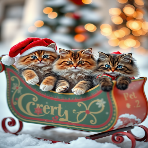 A cozy winter scene featuring three fluffy cats in festive outfits lounging on a colorful sleigh, shallow depth of field, soft natural lighting, shot with a 50mm lens at f/1.8, ISO 200, taken with a DSLR camera in portrait mode.