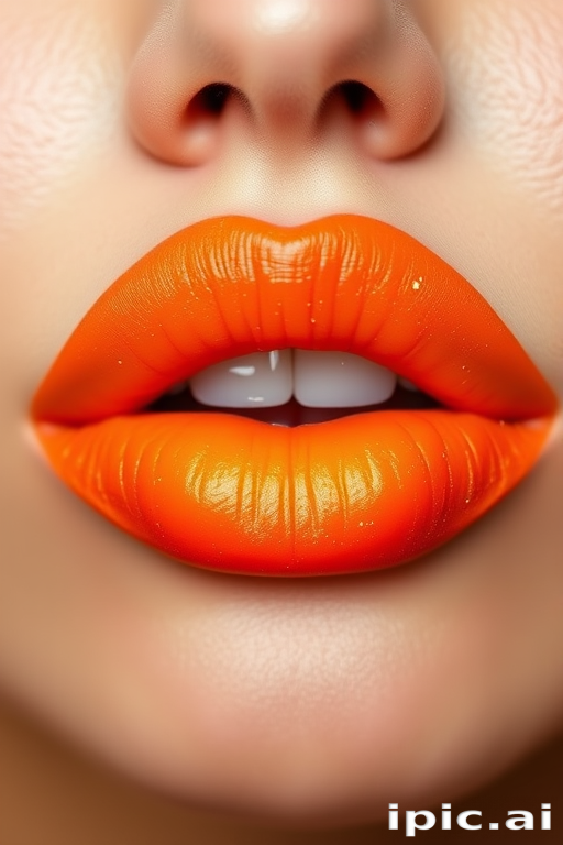 Ombre gradient lips transitioning from soft peach to vivid tangerine, dubbed "Citrus Sunrise," with a satin finish and fine, shimmering golden flecks throughout