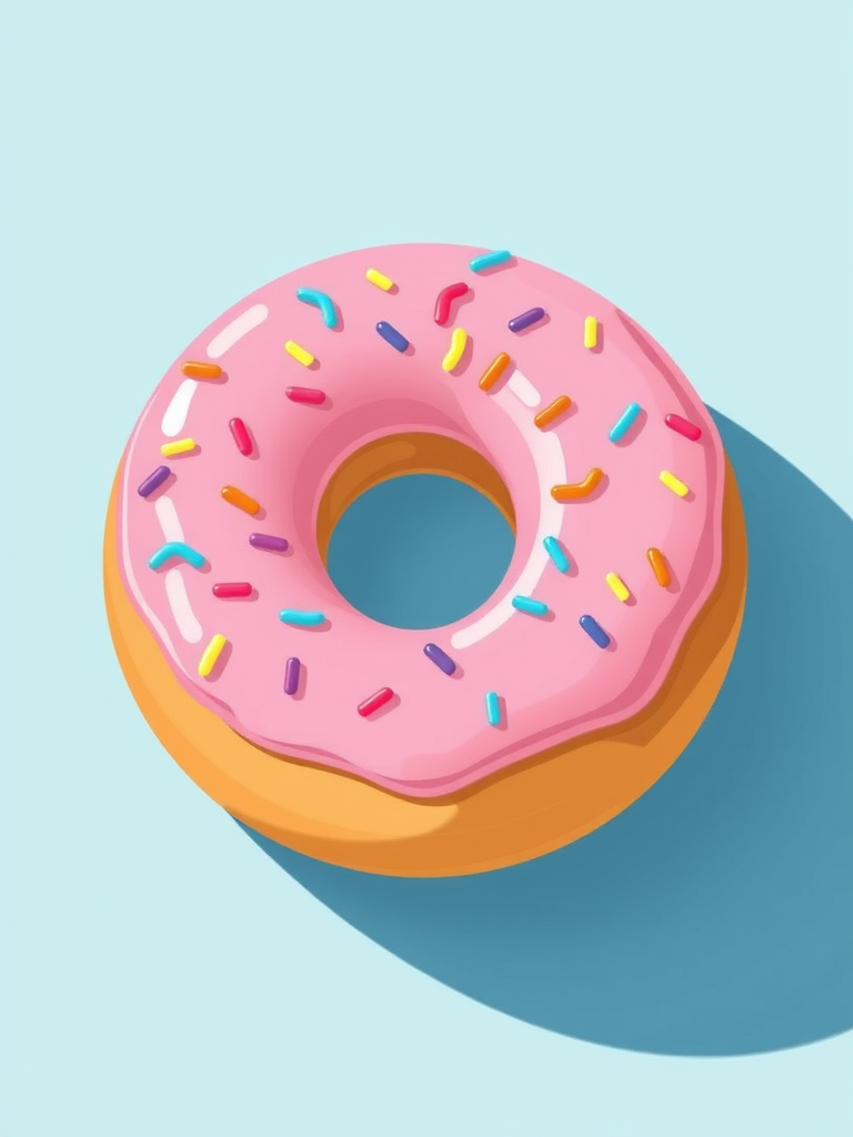 Create a high-resolution illustration of a donut with pink icing and colorful sprinkles, using a 50mm lens, aperture f/2.8, shutter speed 1/125s, soft lighting from the left, and a slight shadow to enhance depth, maintaining a solid light blue background.