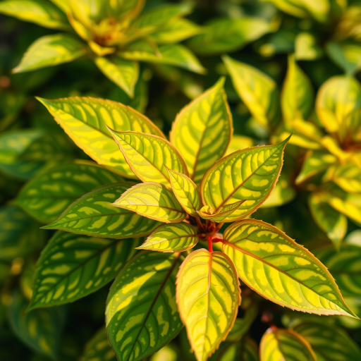 regenerate the image of vibrant green and yellow spotted leaves with a shallow depth of field, using a DSLR camera with a 50mm lens, aperture f/2.8, ISO 100, and natural sunlight for enhanced color saturation and detail.