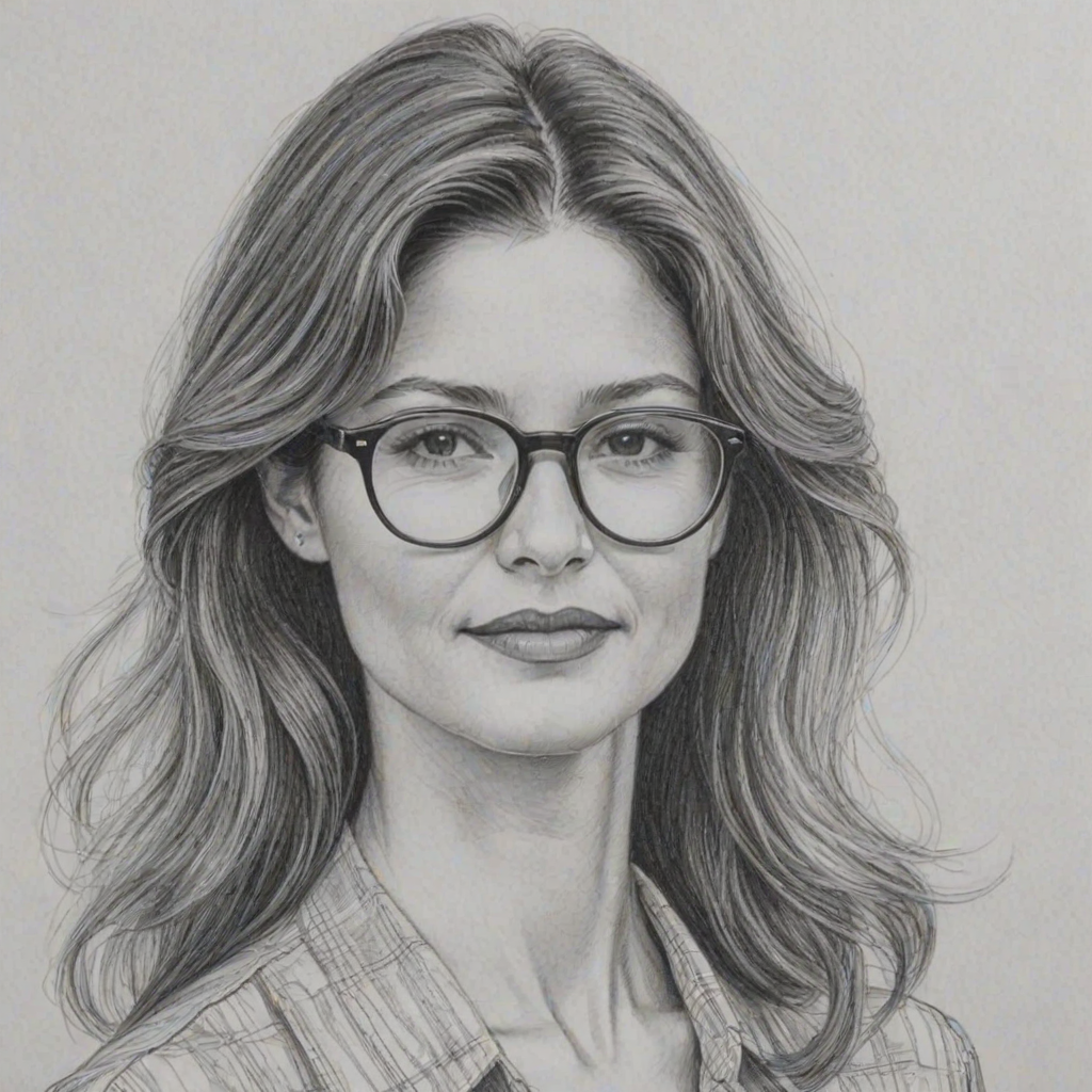Splendid Jill Hennessy, pencil sketch, portrait of Exquisite woman 1980s in glasses, hair style beatnik, outline, clear lines, fine lines, 8k