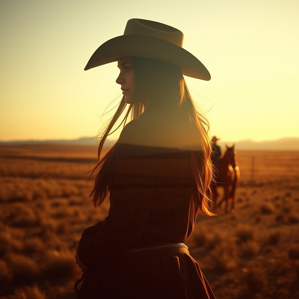 "Create a Double exposure", a silhouette "profile portrait of a young cowgirl" with long hair "superimposed" against a long shot of a cowgirl riding a horse across the plains, fantastic view, 32k, cinematic, hyper-realistic.