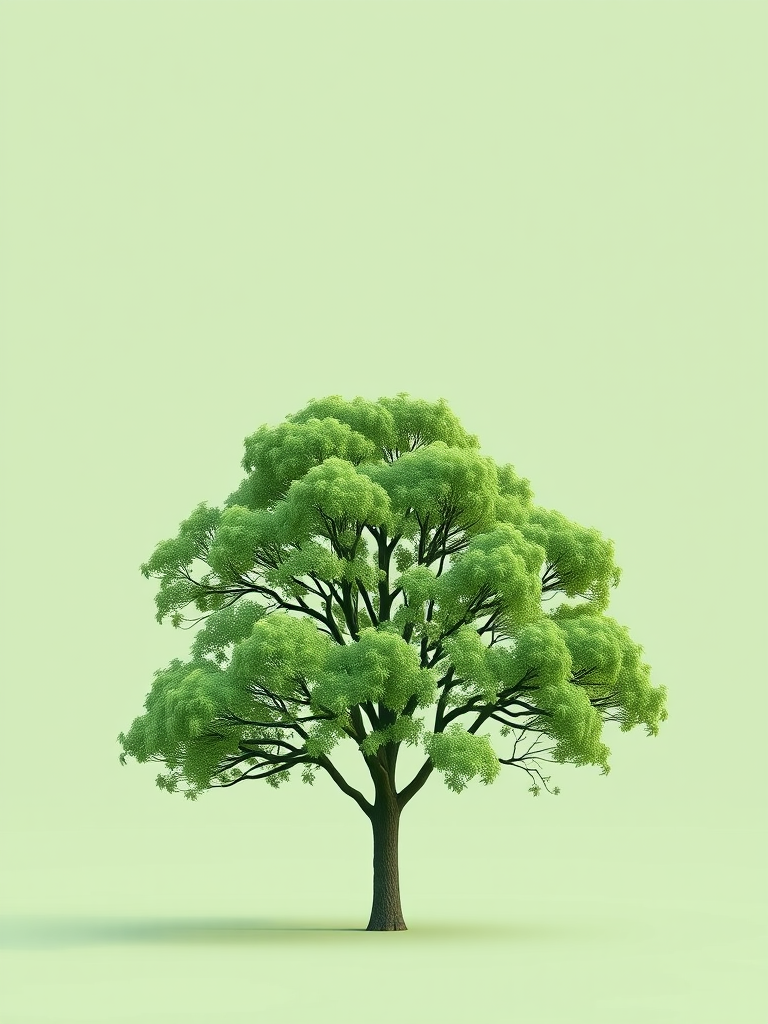 Create a low-poly tree in a minimalist style with a light green background, using a Canon EOS R with a 50mm lens at f/2.8, ISO 100, and a 1/125s shutter speed to enhance image quality and detail.