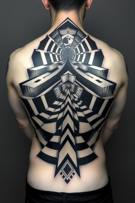 Mesmerizing optical illusion body tattoo covering the entire back, creating a three-dimensional effect with precise linework and shading in stark black and white