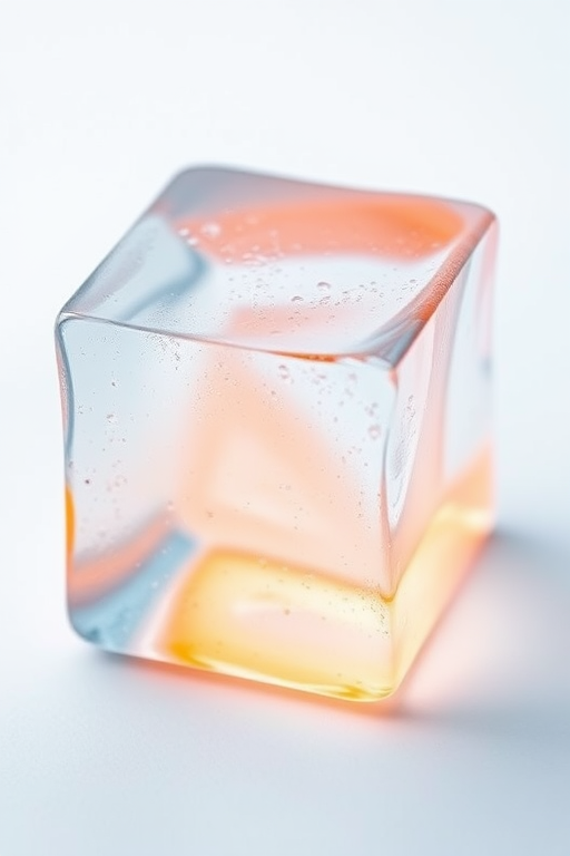 Create a high-resolution image of a translucent ice cube with a gradient of light blue and orange tones, using a macro lens, f/2.8 aperture, 1/200 sec shutter speed, with soft lighting and a clean white background.