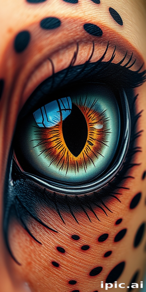 Realistic animal eye tattoo with incredibly detailed iris patterns and reflection, capturing the depth and intensity of a wild creature's gaze in stunning photorealistic style
