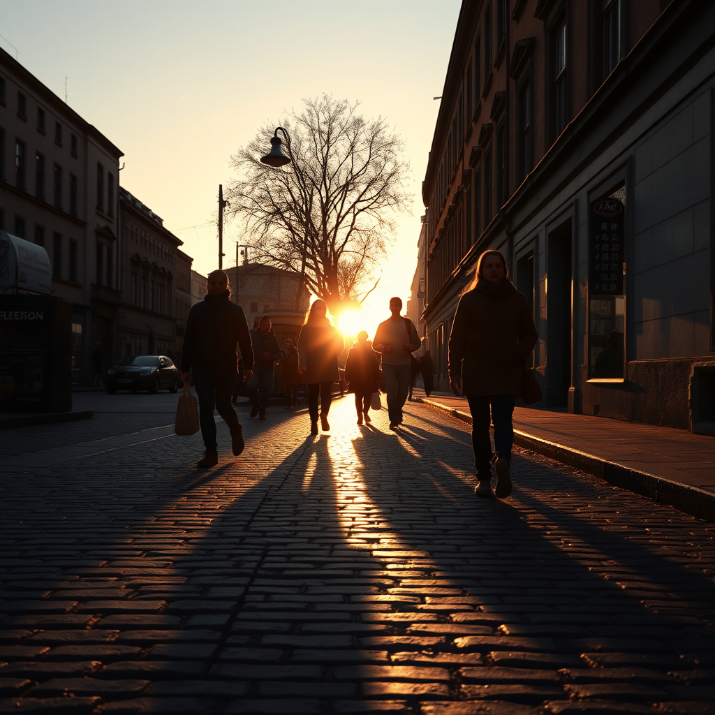 capture a sunset scene of people walking on a cobblestone street casting long shadows with a warm golden hue, use a DSLR camera, aperture f/2.8, shutter speed 1/200 sec, ISO 100, wide-angle lens, shot from a low angle to emphasize shadows and depth
