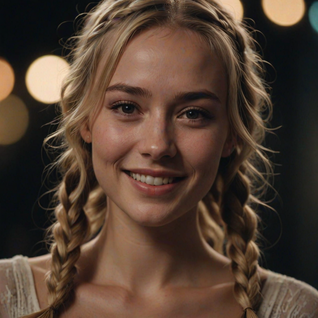 cinematic film still shot of 1woman,   perfect  body,  braids hair with bangs , blonde, , delicate  smile,  one eye closed, close shot, dark background, bokeh, vibrant,  dim light, dutch angle,
