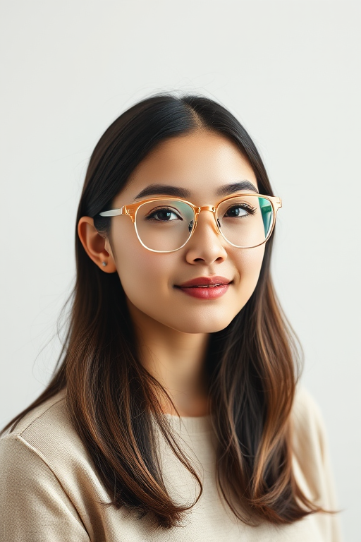 Portrait of a young woman wearing stylish transparent glasses, soft lighting, neutral white background, 50mm lens, aperture f/2.8, ISO 200, natural light, DSLR camera.